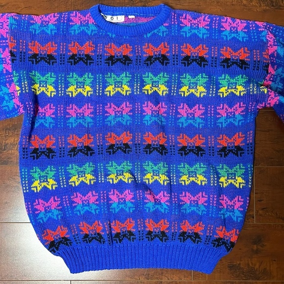 VINTAGE 1980s Bright Printed Sweater Crew Neck Vtg 80s Balloon Sleeves - Picture 3 of 7
